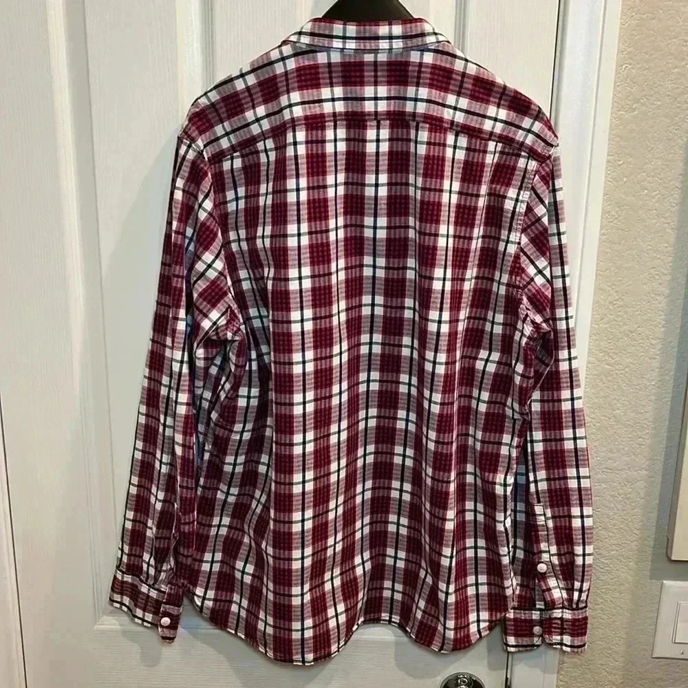 EUC J. Crew Shirt Mens XL Red White Blue Plaid Black Label Long Sleeve Button Up